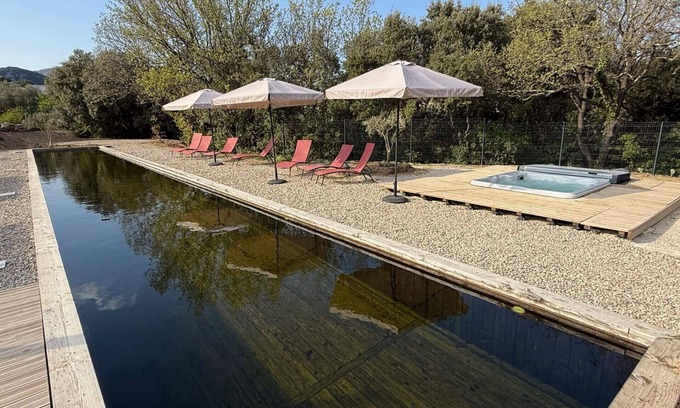 Saint-Mathieu-de-Treviers House | Gite with 25 m Pool and Spa with Mountain View